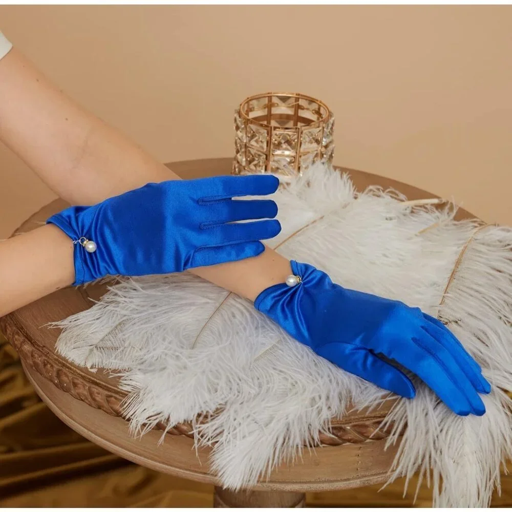 Women's Dark Blue Floral Lace Gloves Elegant Wrist Bridal Wedding Dinner Party
